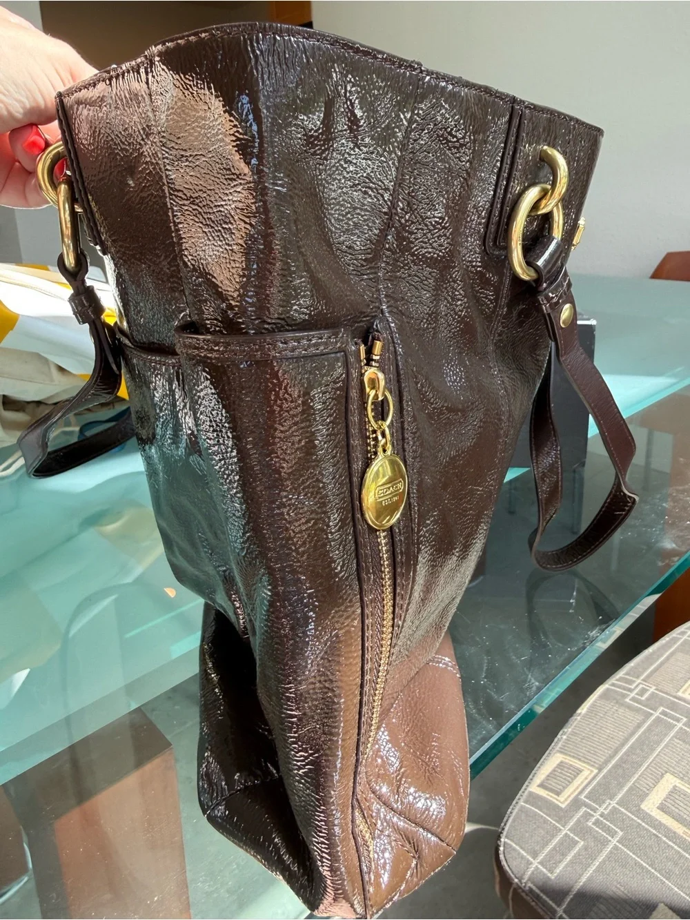 Coach Women's Patent Leather Tote - Dark Brown